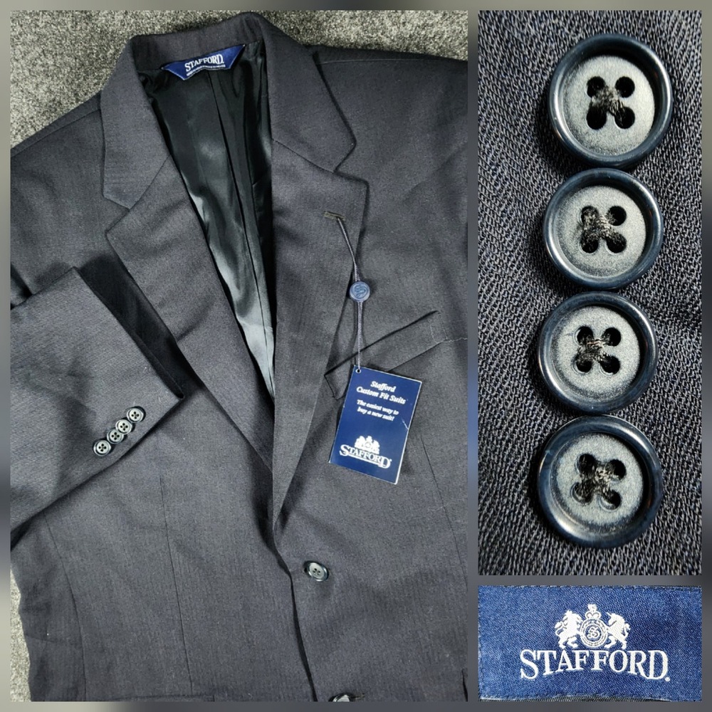 Stafford Suit Jacket Mens 42R Navy Blue Herringbone 100% Wool Blazer New